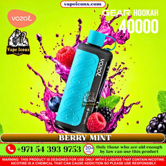 VOZOL Gear Hookah 40k Puffs Rechargeable Disposable vape device with berries and colorful splashes on a vibrant green background
