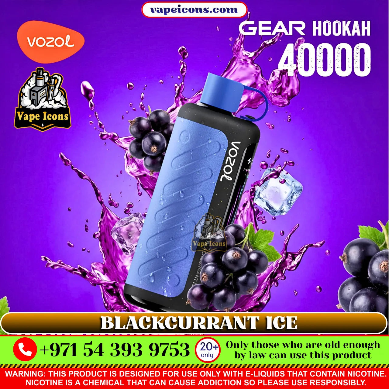 VOZOL Gear Hookah 40k Puffs Rechargeable Disposable vape device with blackcurrant ice flavor on a purple background
