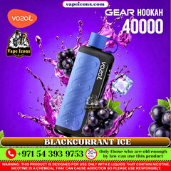 VOZOL Gear Hookah 40k Puffs Rechargeable Disposable vape device with blackcurrant ice flavor on a purple background