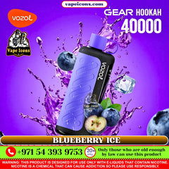 VOZOL Gear Hookah 40000 with blueberries and ice on a purple background