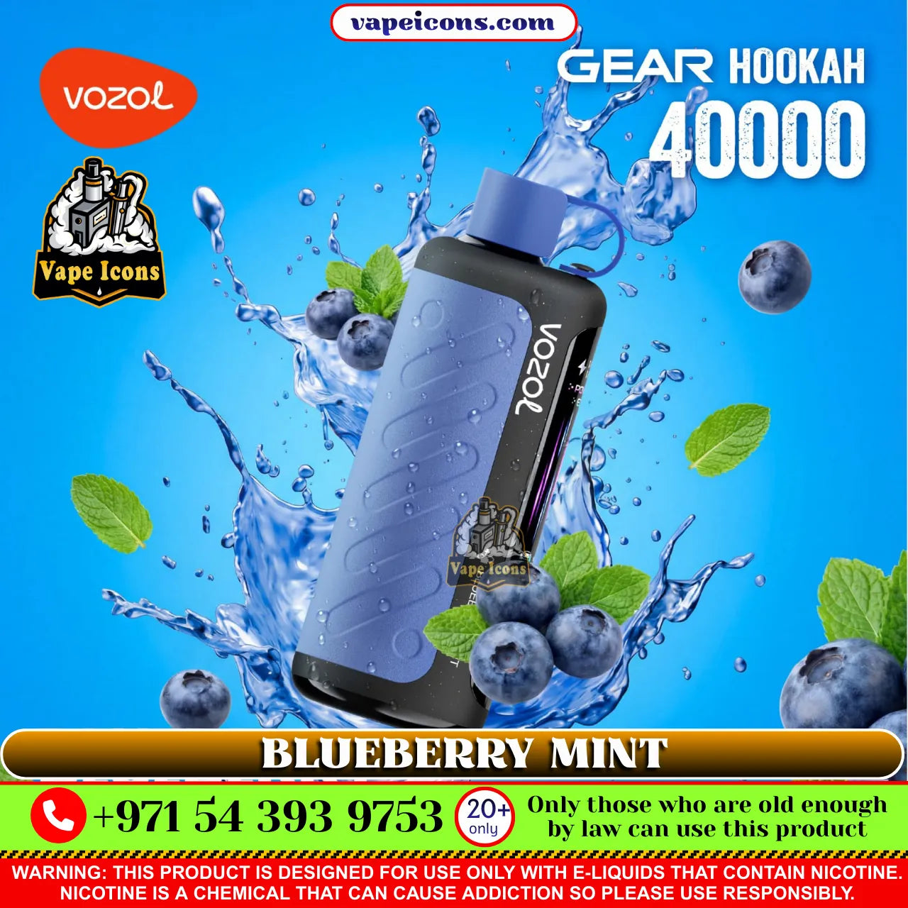 Vozol Gear Hookah 40000 with blueberries and mint leaves on a blue background