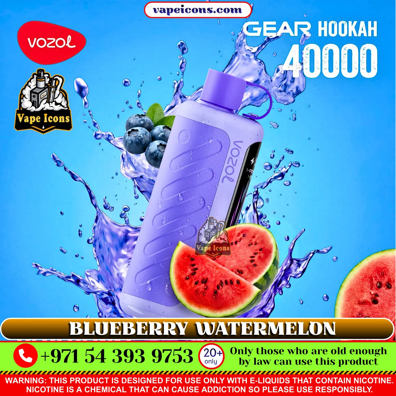VOZOL Gear Hookah 40k Puffs Rechargeable Disposable vape device with blueberry and watermelon elements on a blue background