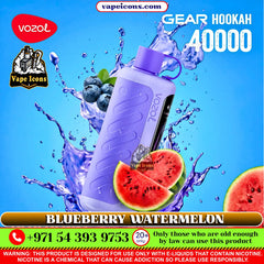 VOZOL Gear Hookah 40k Puffs Rechargeable Disposablevape device with blueberry and watermelon elements on a blue background