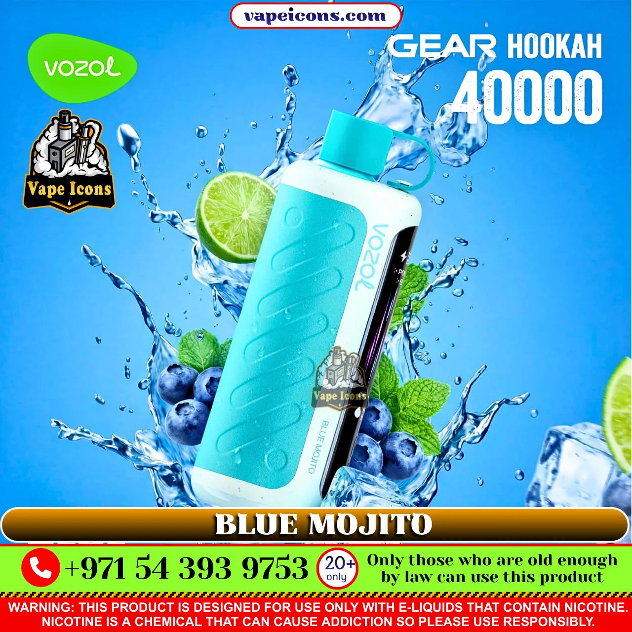 Vozol Gear Hookah 40000 Blue Mojito with water splashes and fruits on a blue background