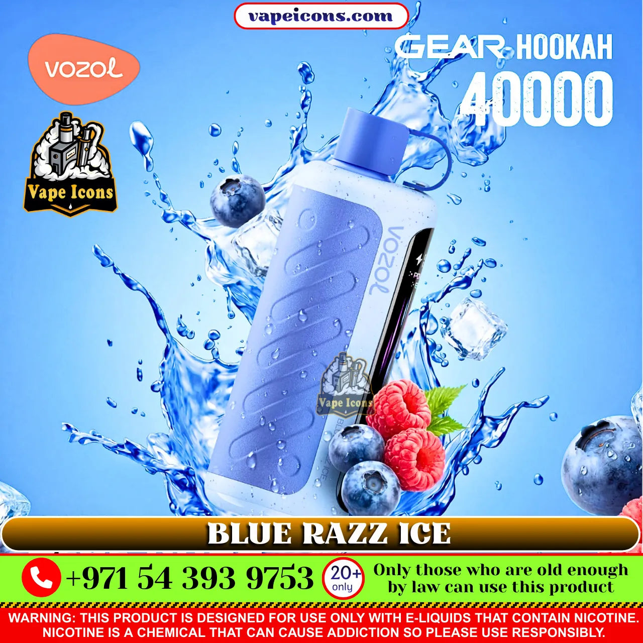 VOZOL Gear Hookah 40k Puffs Rechargeable Disposable vape device with blue water and berries on a blue background, featuring Vape Icons branding.