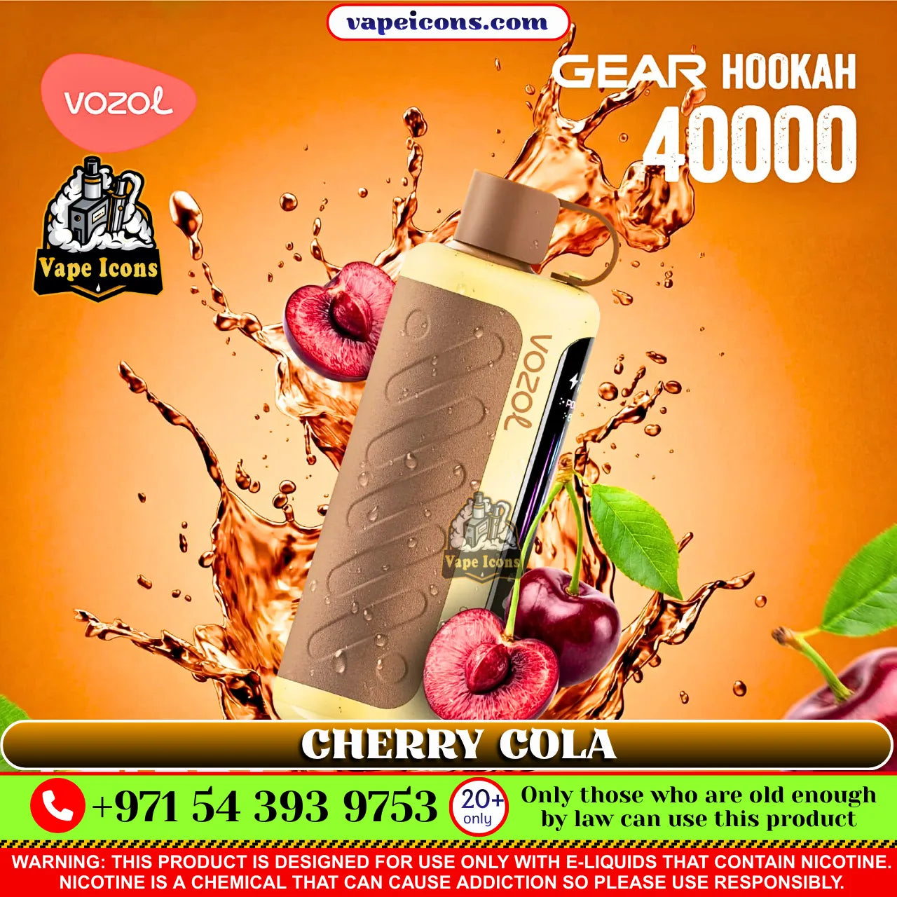 Vozol Gear Hookah 40000 cherry cola vape with cherry and water splash on an orange background
