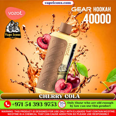 Vozol Gear Hookah 40000 cherry cola vape with cherry and water splash on an orange background