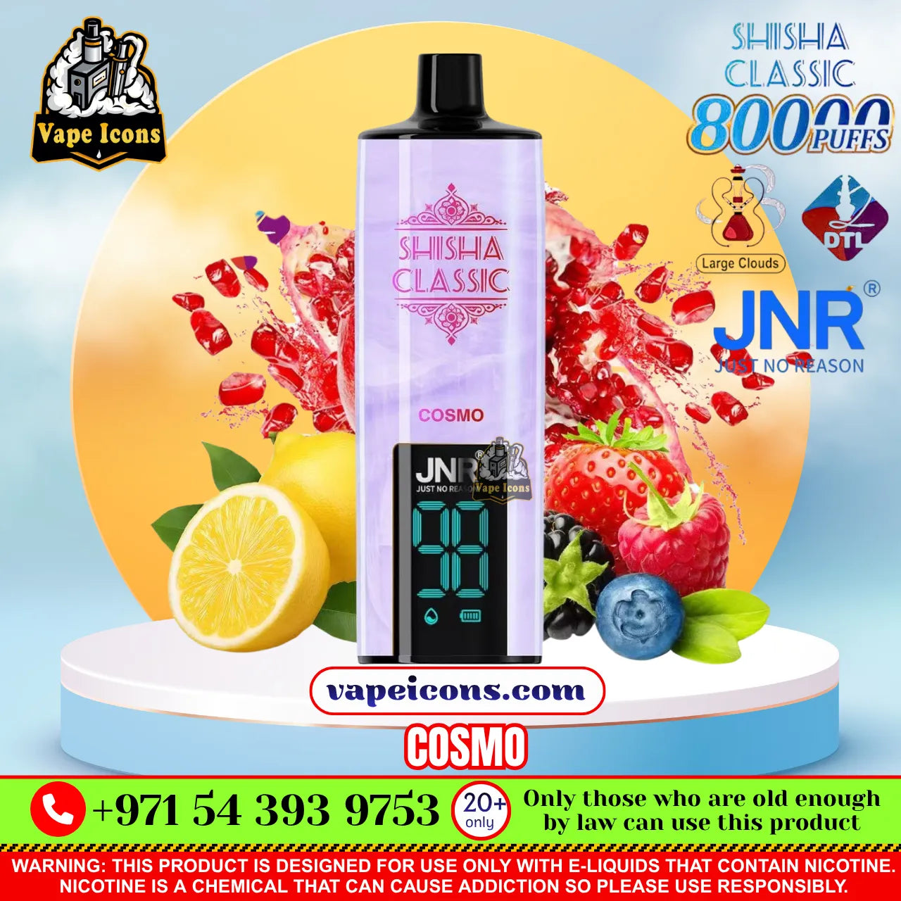 A vape device labeled 'SHISHA CLASSIC' and 'COSMO' with JNR branding, shown centered on a stylized promotional graphic with fruit, lemon, and text overlays.