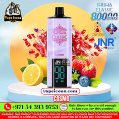 A vape device labeled 'SHISHA CLASSIC' and 'COSMO' with JNR branding, shown centered on a stylized promotional graphic with fruit, lemon, and text overlays.