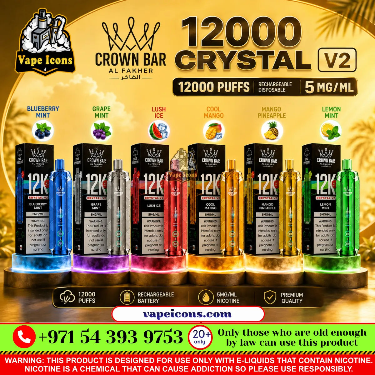Crown Bar AL FAKHER Crystal V2 12K Puffs Rechargeable Disposable Vape in Downtown Dubai.