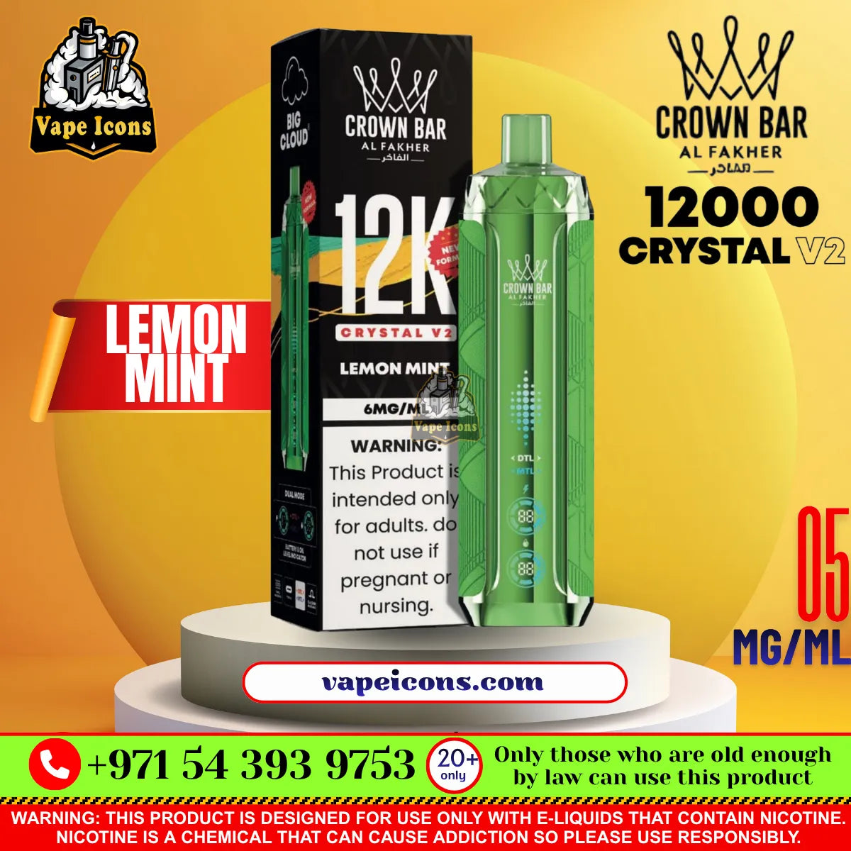 Crown Bar AL FAKHER Crystal V2 12K Puffs Rechargeable Disposable Vape at Vape Icons In Lemon Mint Flavor.