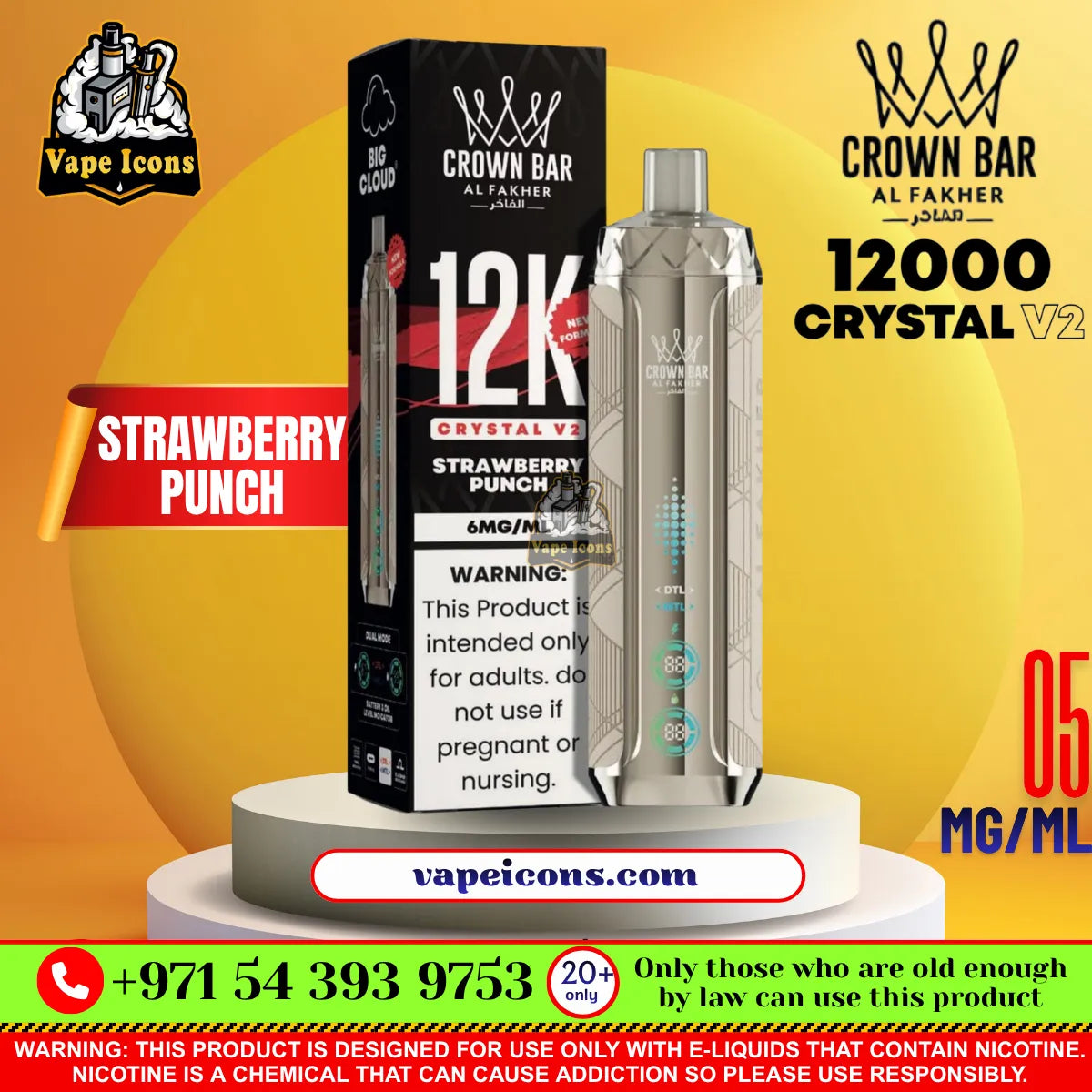 Crown Bar AL FAKHER Crystal V2 12K Puffs Rechargeable Disposable Vape Strawberry Punch Flavor.