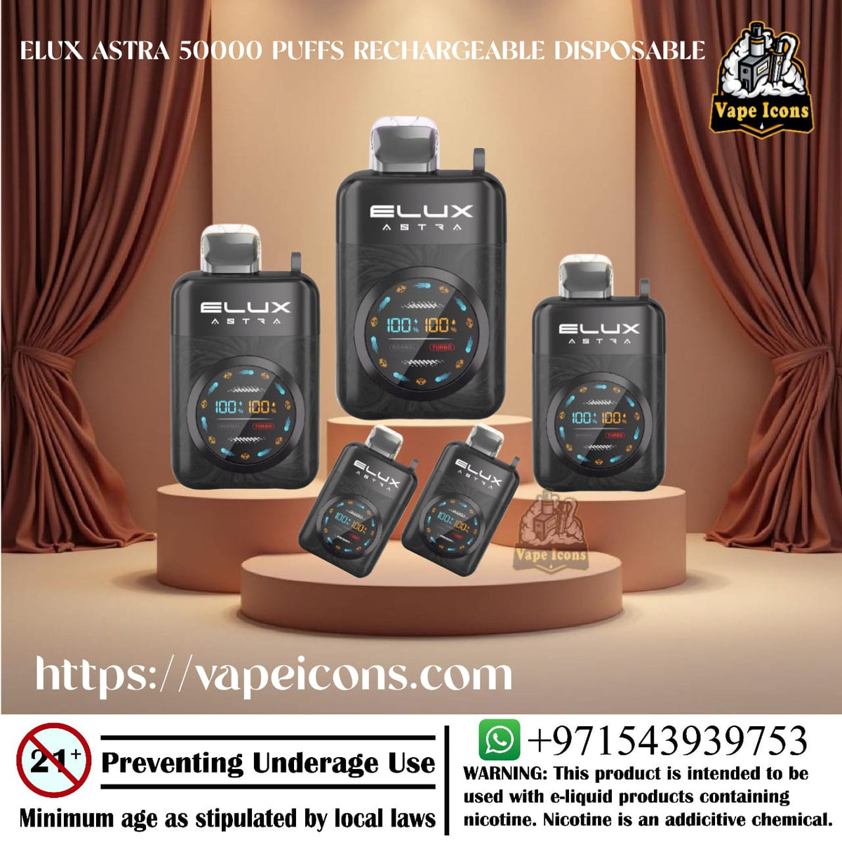 ELUX ASTRA vaping devices on display with branding and product details.