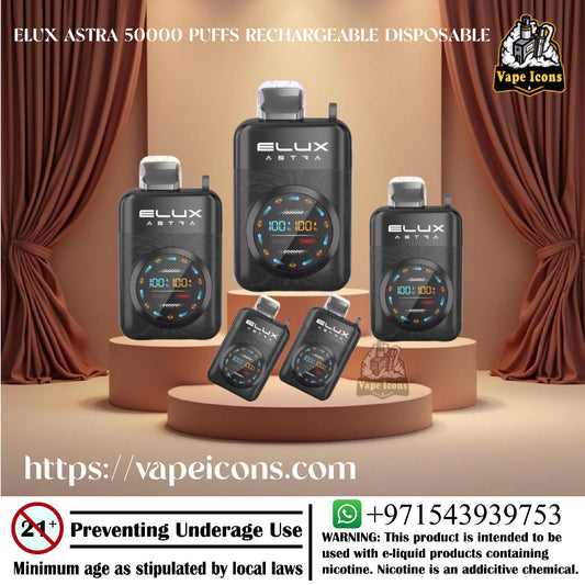 ELUX ASTRA vaping devices on display with branding and product details.