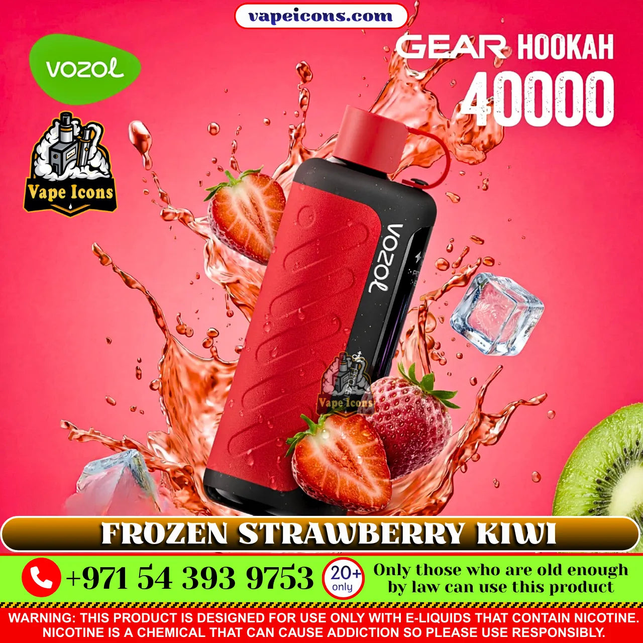 VOZOL Gear Hookah 40k Puffs Rechargeable Disposable vape device with strawberries and ice cubes on a pink background, featuring Vape Icons branding.