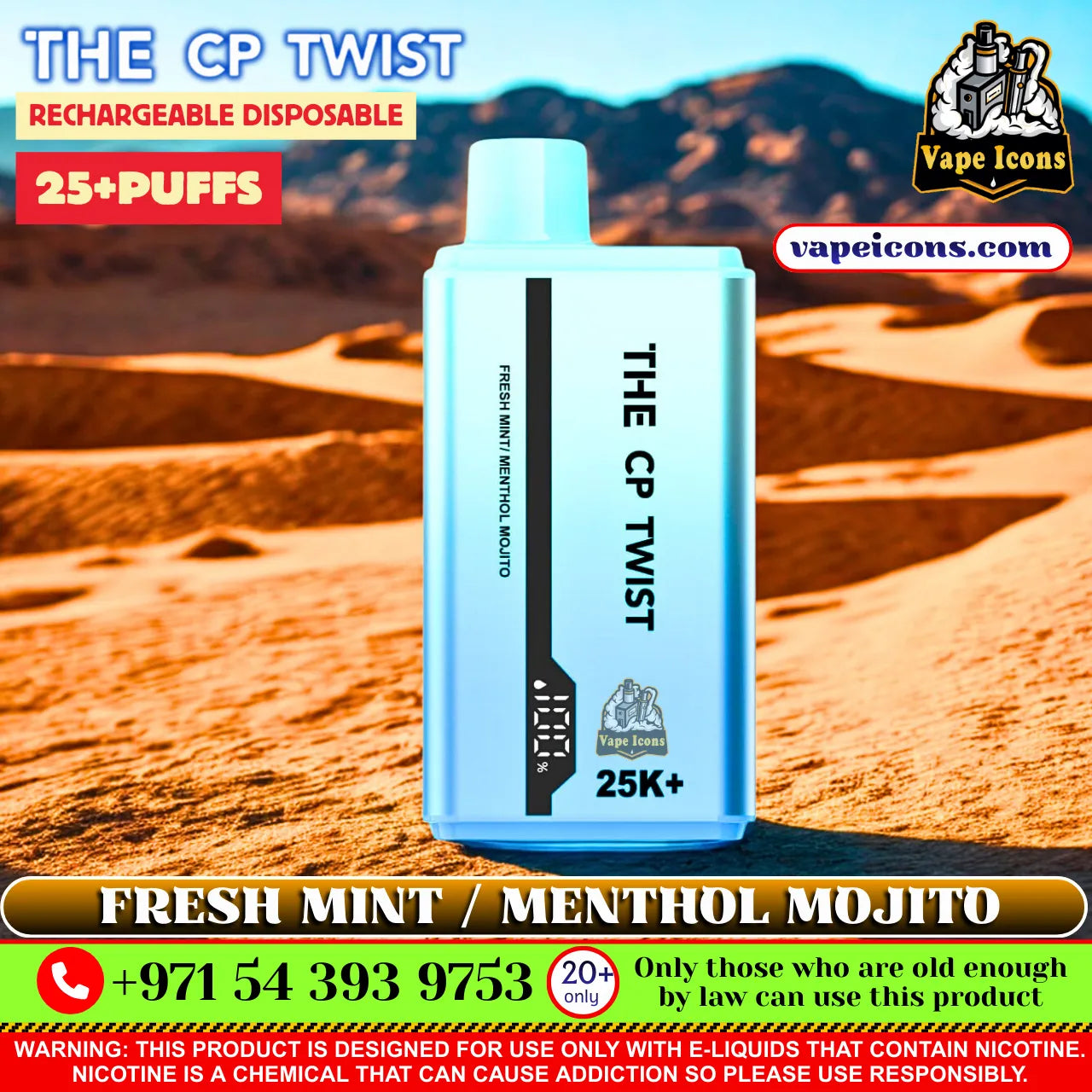 Cristal The CP Twist 25k Puffs Rechargeable Disposable Best Price In Dubai UAE, 20mg Nicotine vape, 2%Nicotine Disposable Vape.