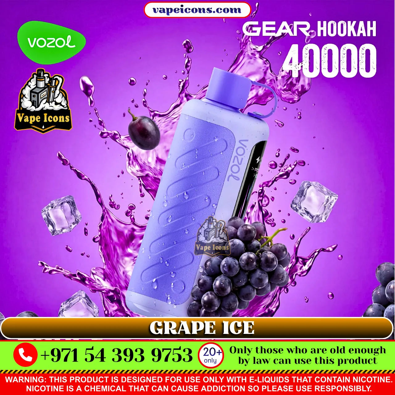 VOZOL Gear Hookah 40k Puffs Rechargeable Disposable vape device with grape ice flavor on a purple background, featuring Vozol and Vape Icons branding.