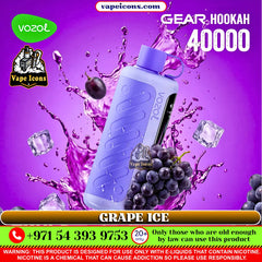 VOZOL Gear Hookah 40k Puffs Rechargeable Disposable vape device with grape ice flavor on a purple background, featuring Vozol and Vape Icons branding.