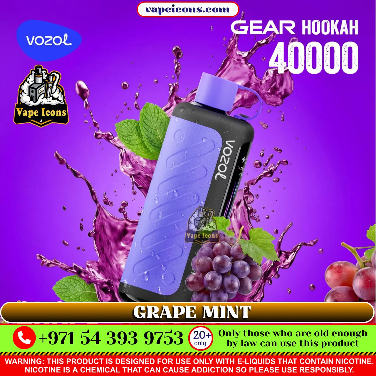 Vozol Gear Hookah 40000 vape device with grape mint flavor on a purple background, featuring Vape Icons branding.