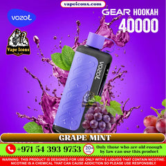 Vozol Gear Hookah 40000 vape device with grape mint flavor on a purple background, featuring Vape Icons branding.