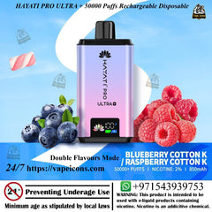 Hayati Pro Ultra vaping device with blueberries, raspberries, and candy on a blue background. Original Vape, 50mg Vape, Good Quality Vape.
