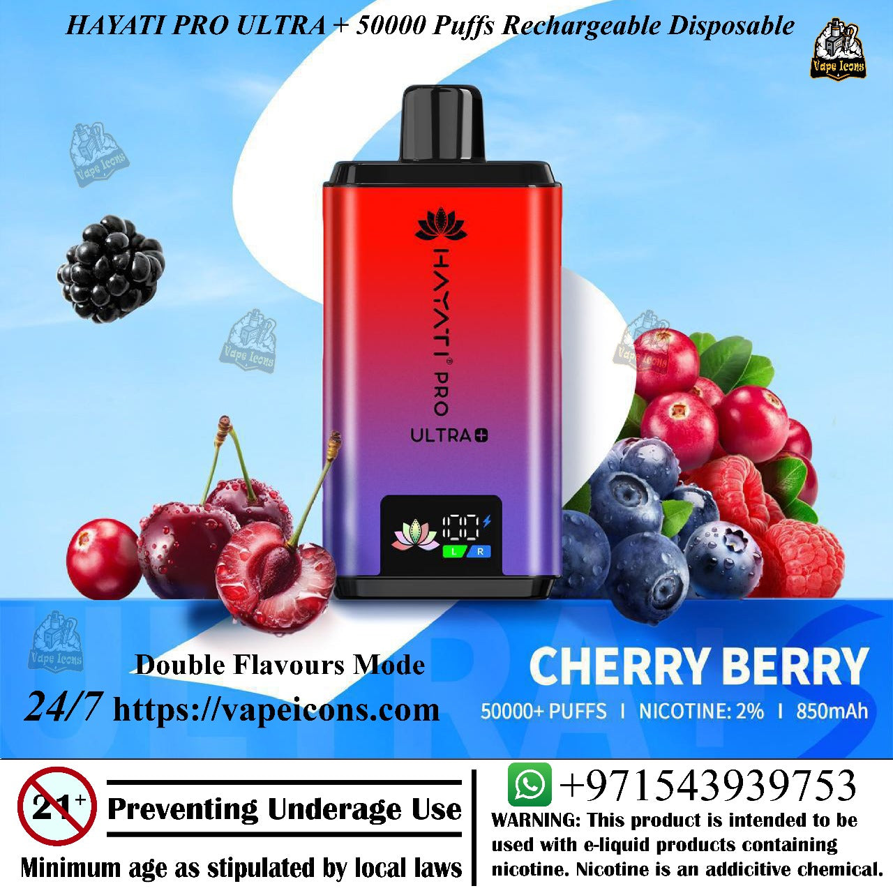 Hayati Pro Ultra vape device with cherry berry flavor on a blue background. 50mg Vape, Best Vape Flavours.