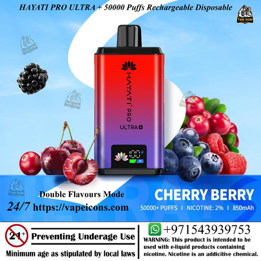 Hayati Pro Ultra vape device with cherry berry flavor on a blue background. 50mg Vape, Best Vape Flavours.