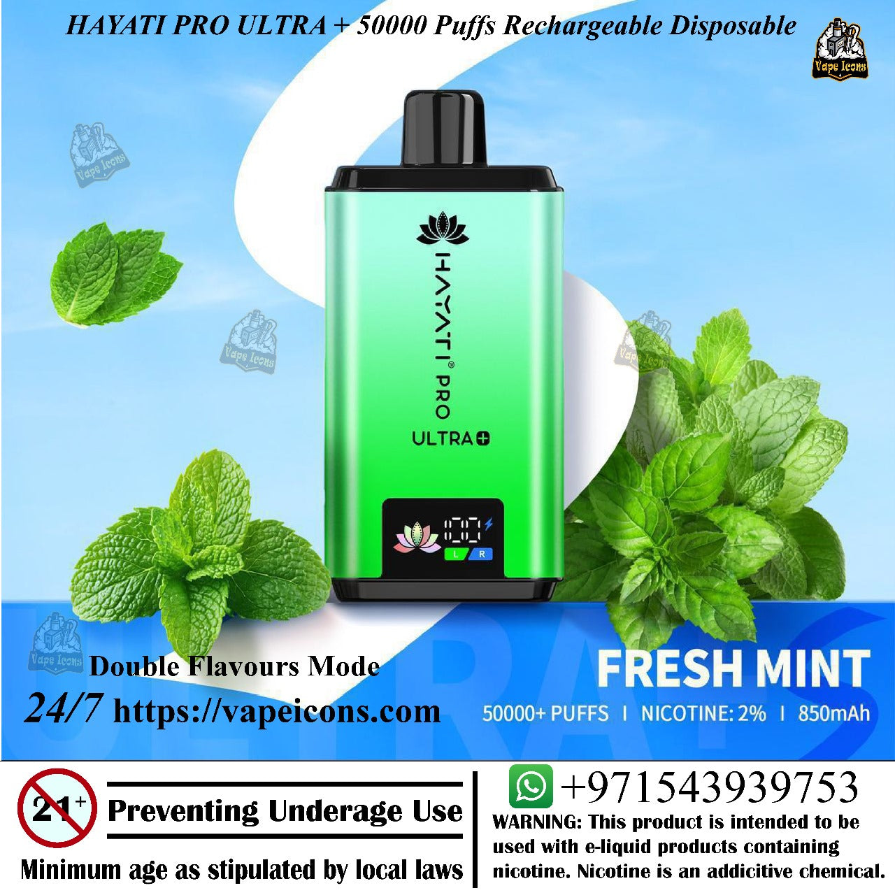 Hayati Pro Ultra+ 50000 Puffs, Rechargeable Disposable, Green vape device with mint leaves on a blue and white background, Vape Near me, Best Vape Flavour, Buy Vape in UAE.