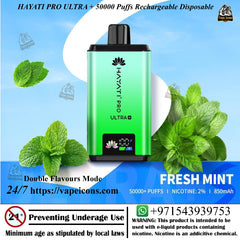 Hayati Pro Ultra+ 50000 Puffs, Rechargeable Disposable, Green vape device with mint leaves on a blue and white background, Vape Near me, Best Vape Flavour, Buy Vape in UAE.