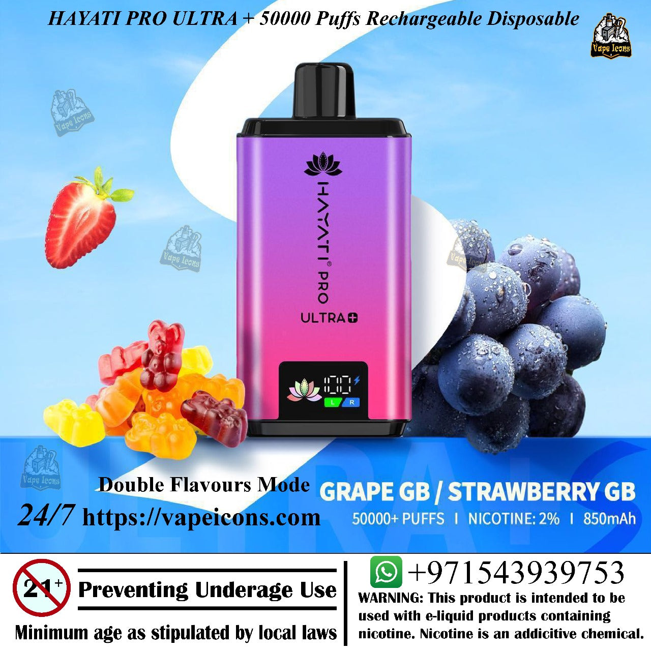Hayati Pro Ultra vaping device with fruit graphics on a blue background, 50mg Vape, 20mg Vape, 0mg Vape.