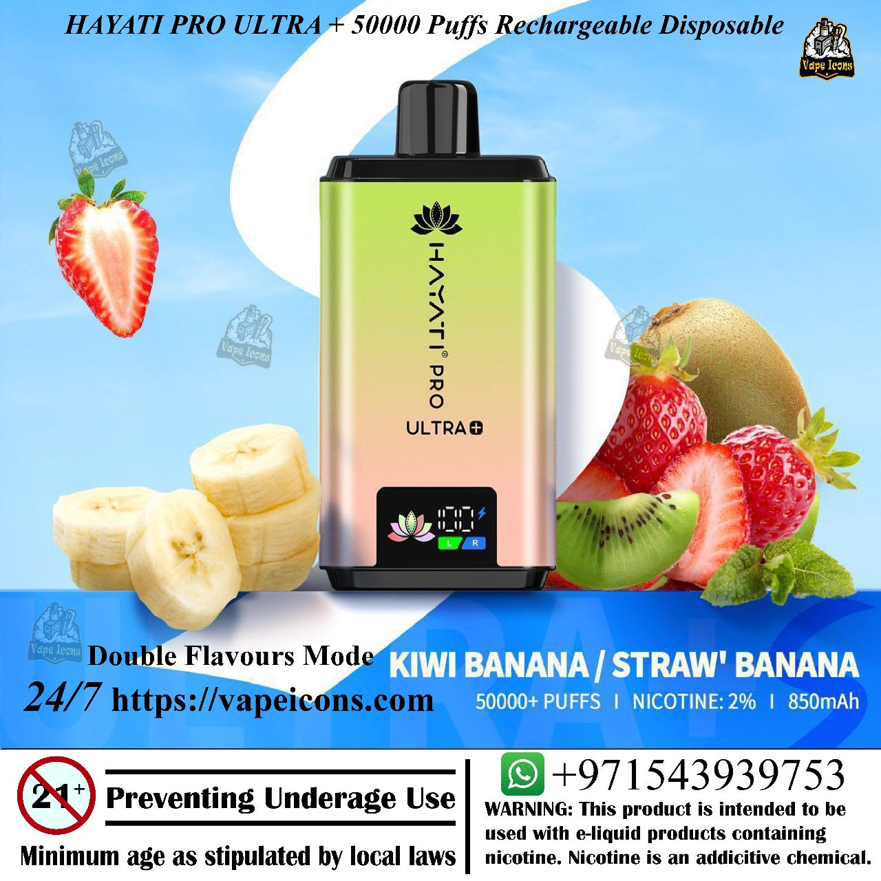 Hayati Pro Ultra vaping device with fruit graphics on a blue background, 50mg Vape, 20mg Vape, 0mg Vape.