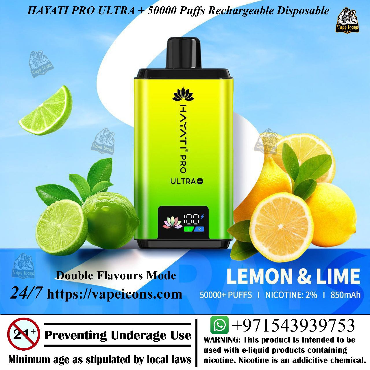 Hayati Pro Ultra vape device with lemon and lime graphics on a blue background, Best Vape, 50mg Vape, Original Vape, Vape Pods.