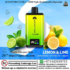 Hayati Pro Ultra vape device with lemon and lime graphics on a blue background, Best Vape, 50mg Vape, Original Vape, Vape Pods.