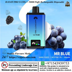 Hayati Pro Ultra vape device with blueberries and grapes on a blue background, Ultra Mode Vape, 50mg Vape.