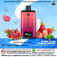 Hayati Pro Ultra vape device with fruit graphics on a blue background, 50mg Vape, Pods VApe, Original Vape.
