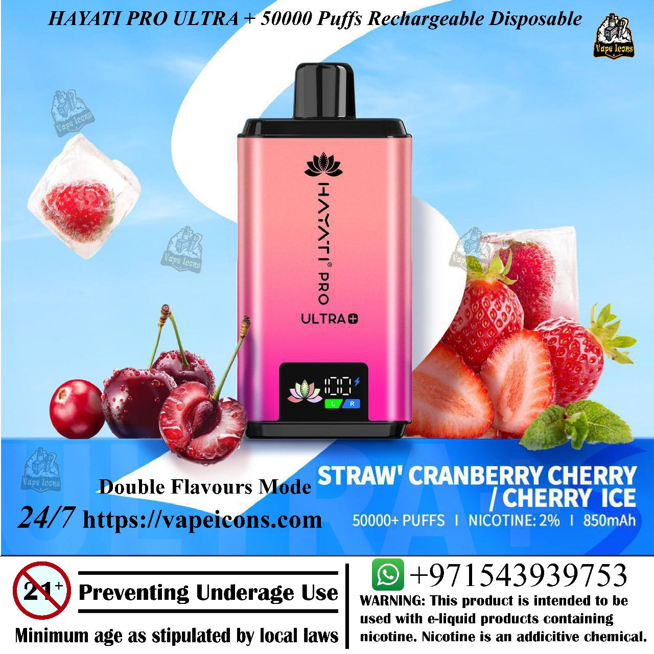 Hayati Pro Ultra vape device with fruit graphics on a blue background, Best Quality ape, 50mg Vape