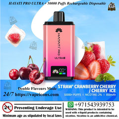 Hayati Pro Ultra vape device with fruit graphics on a blue background, Best Quality ape, 50mg Vape