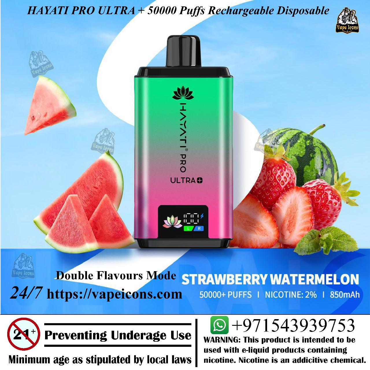 HAYATI PRO ULTRA vape device with strawberry watermelon flavor on a colorful background, 50mg Vape, Vape Buy Online.