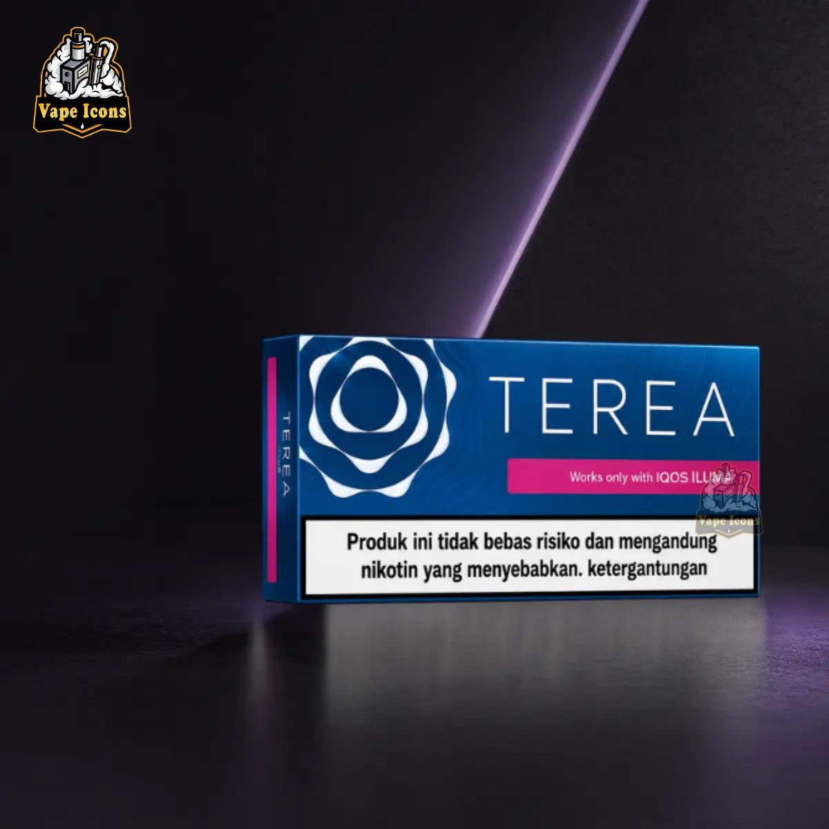 IQOS TEREA Blue Indonesia heated tobacco stick pack displayed on a dark background, designed for use with IQOS ILUMA devices.