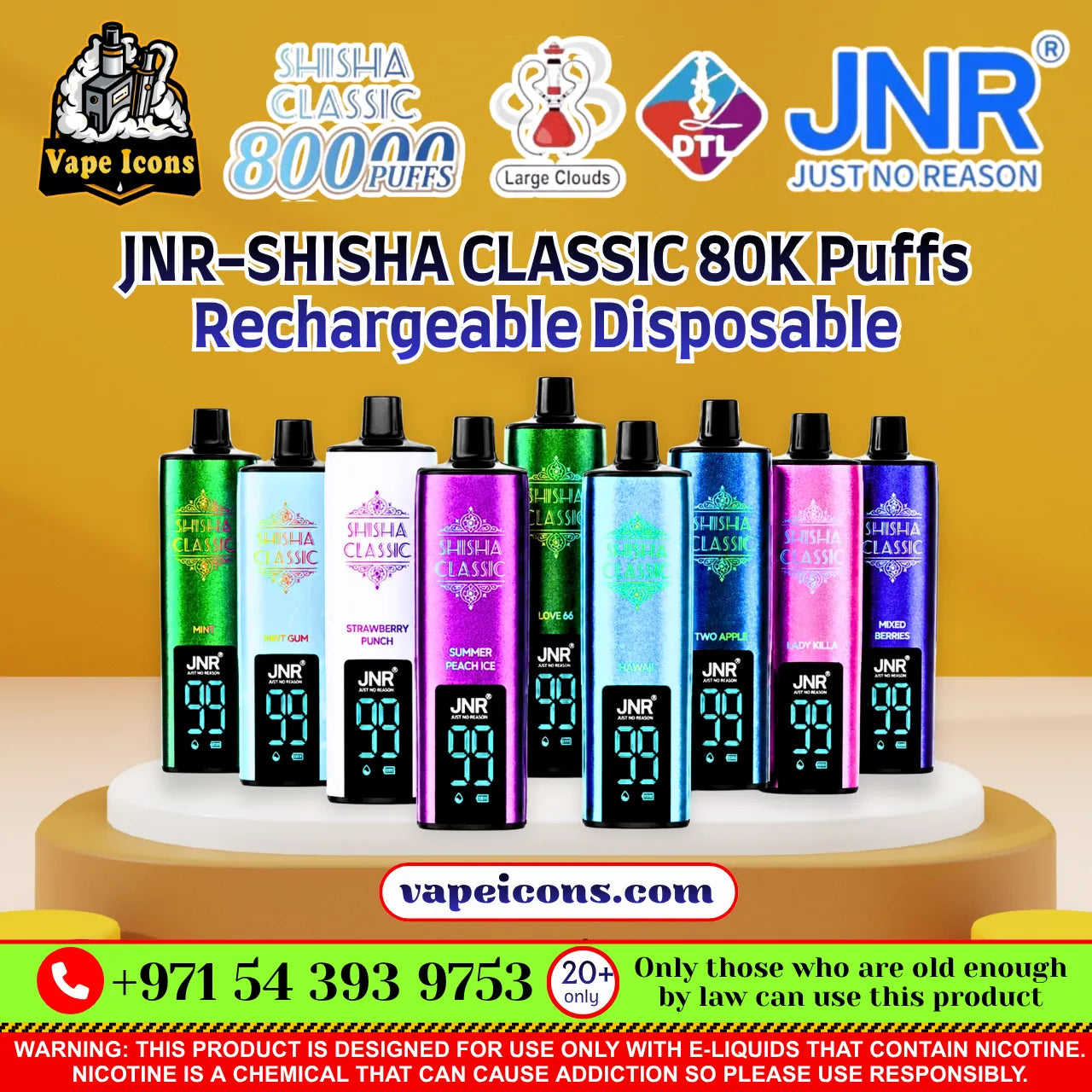 A promotional graphic showing multiple JNR disposable vape devices in different colors (green, light blue, white, purple, dark green, blue, pink, cyan) lined up on a display stand. The background is a solid mustard yellow with various brand logos and text overlays including 'JNR', 'Shisha Classic 80000 Puffs', and 'JNR-Shisha Classic 80K Puffs Rechargeable Disposable'.