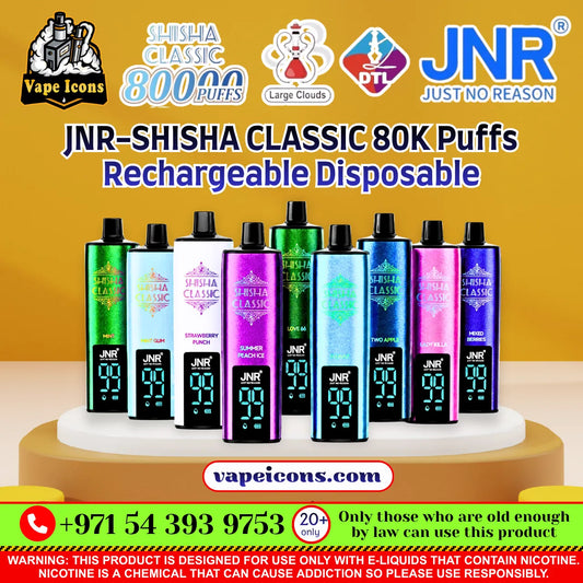 A promotional graphic showing multiple JNR disposable vape devices in different colors (green, light blue, white, purple, dark green, blue, pink, cyan) lined up on a display stand. The background is a solid mustard yellow with various brand logos and text overlays including 'JNR', 'Shisha Classic 80000 Puffs', and 'JNR-Shisha Classic 80K Puffs Rechargeable Disposable'.