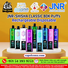 A promotional graphic showing multiple JNR disposable vape devices in different colors (green, light blue, white, purple, dark green, blue, pink, cyan) lined up on a display stand. The background is a solid mustard yellow with various brand logos and text overlays including 'JNR', 'Shisha Classic 80000 Puffs', and 'JNR-Shisha Classic 80K Puffs Rechargeable Disposable'.