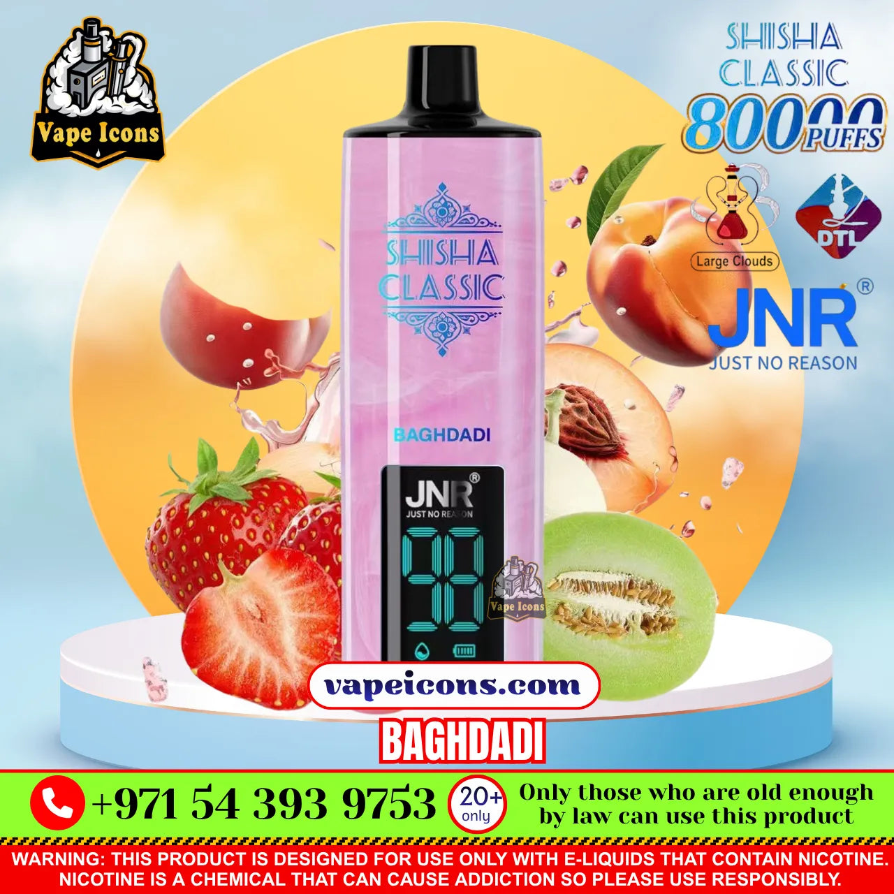 A pink JNR Shisha Classic Baghdadi vape pen displayed on a white pedestal, surrounded by fruit graphics (strawberries, melon, peach) and promotional text overlays.