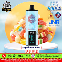 A vape device labeled 'Shisha Classic Bubblegum' with a digital display screen, presented on a white pedestal with a background of assorted colorful candies. The image contains multiple promotional text overlays, brand logos, and warning labels.