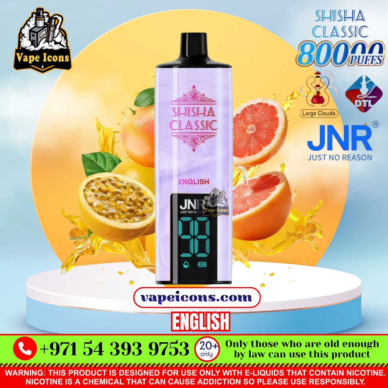 A vape device labeled 'SHISHA CLASSIC' with a digital display, centered on a promotional graphic with citrus slices, a yellow circular backdrop, and multiple brand and warning text overlays.