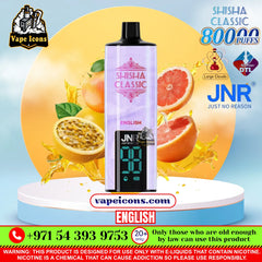 A vape device labeled 'SHISHA CLASSIC' with a digital display, centered on a promotional graphic with citrus slices, a yellow circular backdrop, and multiple brand and warning text overlays.