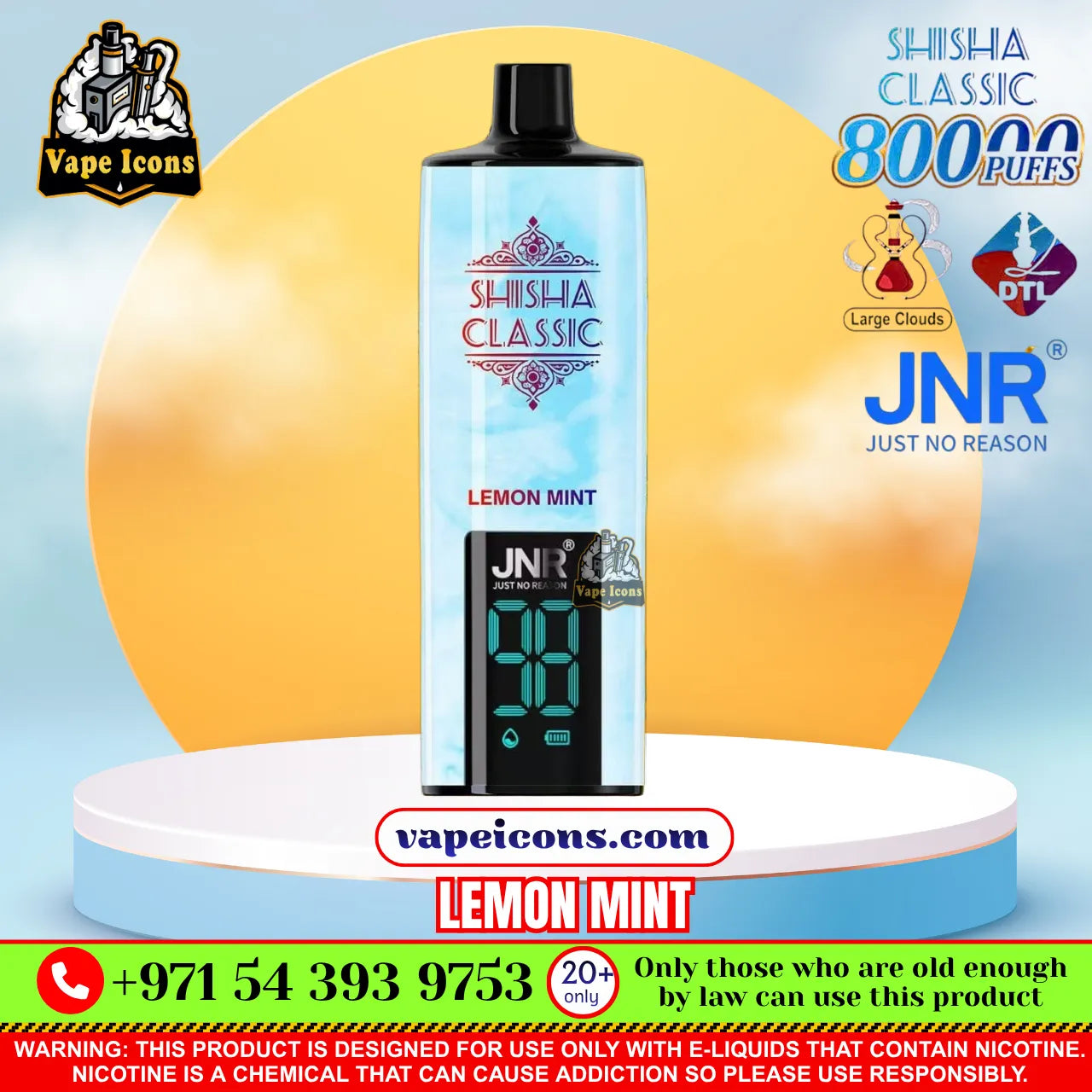 A bottle of JNR Classic 80000 Puffs Lemon Mint e-liquid displayed on a white and light blue pedestal. The background is a soft blue sky with a large yellow sun, surrounded by various promotional logos and text overlays including 'Vape Icons' and 'JNR'.