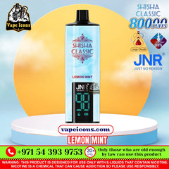 A bottle of JNR Classic 80000 Puffs Lemon Mint e-liquid displayed on a white and light blue pedestal. The background is a soft blue sky with a large yellow sun, surrounded by various promotional logos and text overlays including 'Vape Icons' and 'JNR'.
