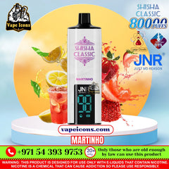 A JNR Shisha Classic disposable vape device with a digital screen, displayed on a white pedestal with promotional text, fruit graphics, and a drink in the background. Best Seller Vape In Dubai.
