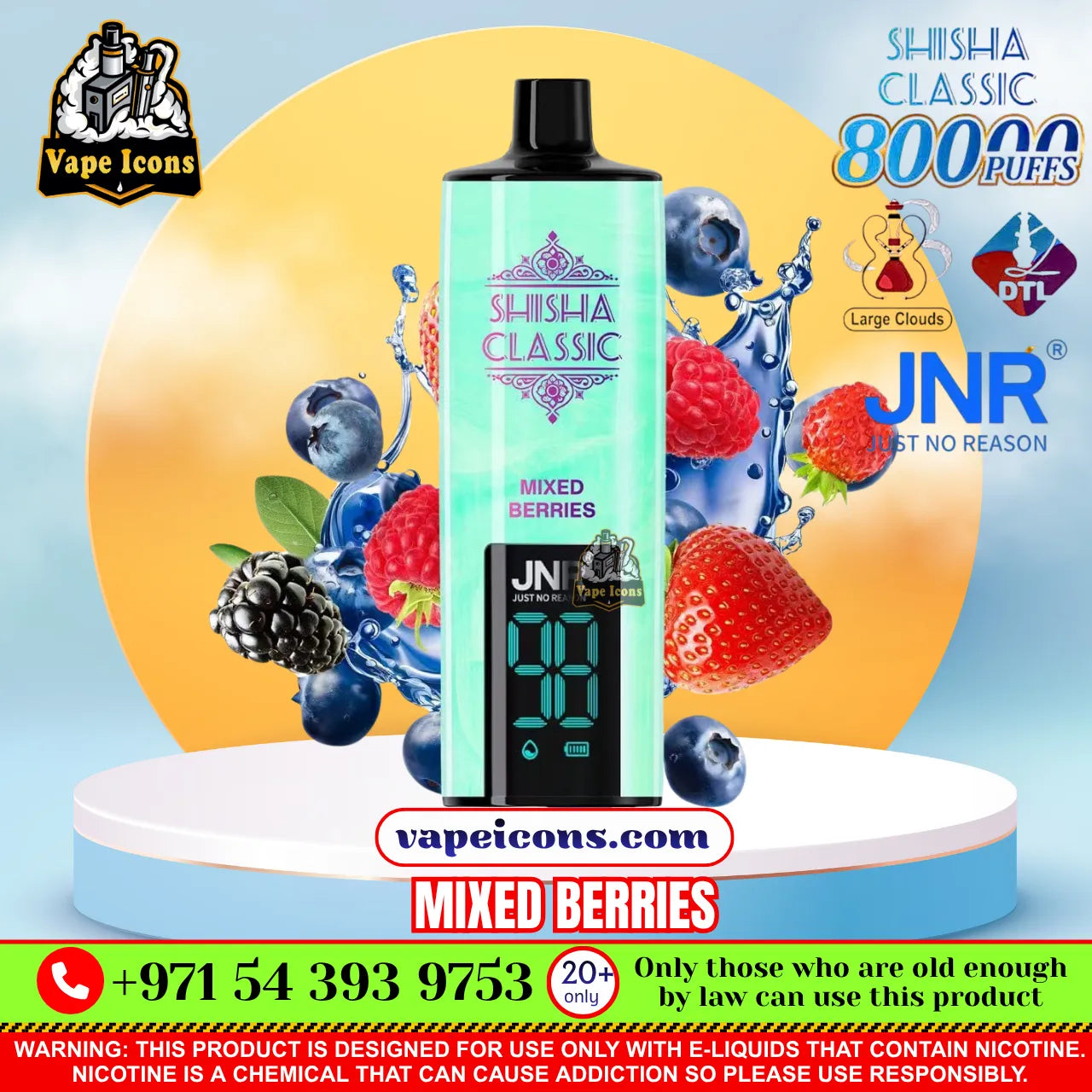 JNR Shisha Classic 80K Puffs disposable vape device in Mixed Berries flavor, displayed on a white pedestal with a yellow and blue graphic background featuring illustrations of berries and fruit.